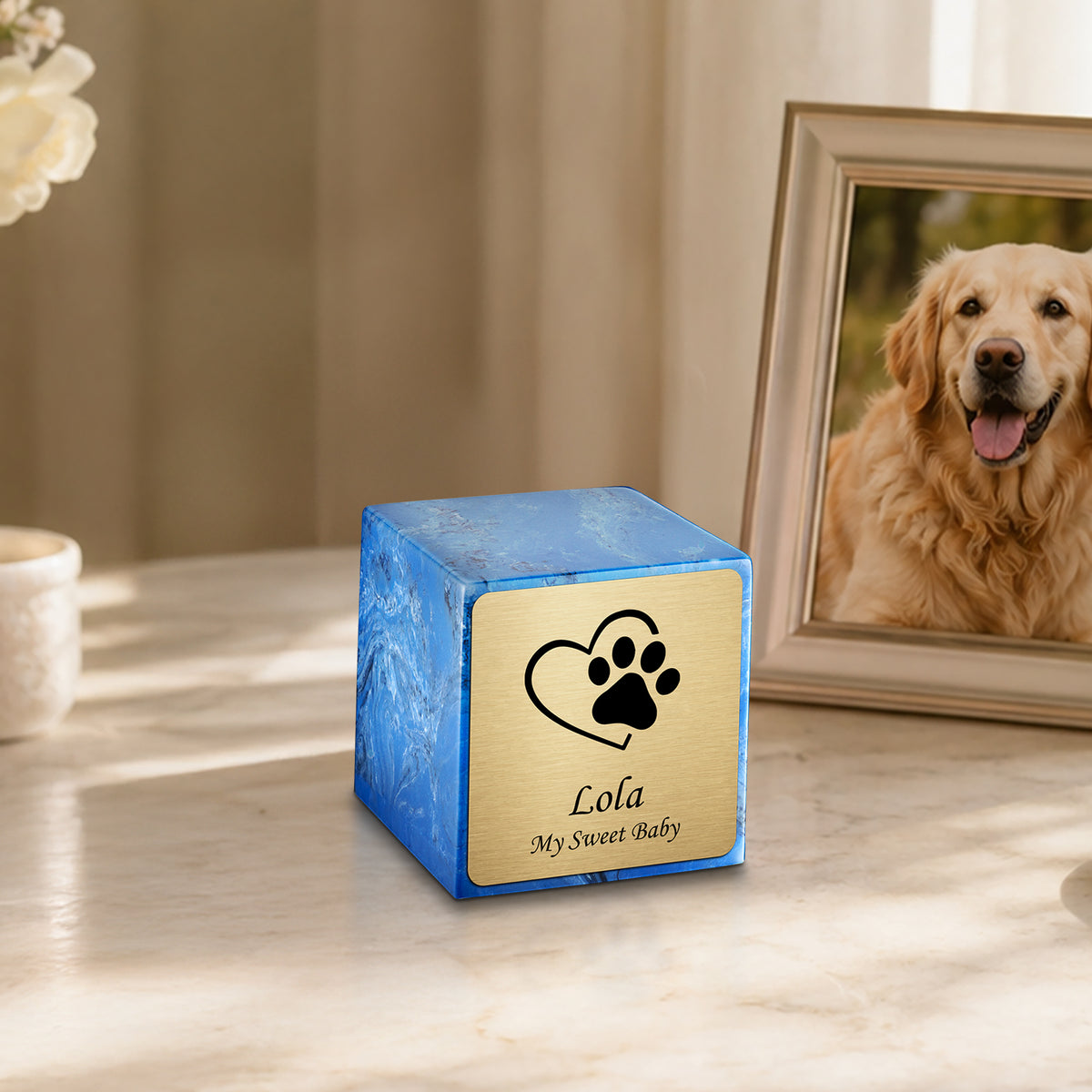 Small Cube Single Heart Paw Mystic Blue Cultured Marble Pet Cremation Urn by MacKenzie