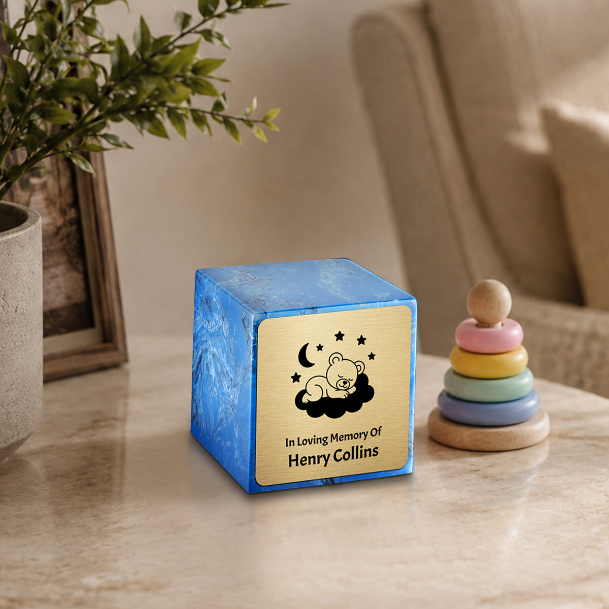 Small Cube Sleeping Teddy Mystic Blue Cultured Marble Child Cremation Urn by MacKenzie