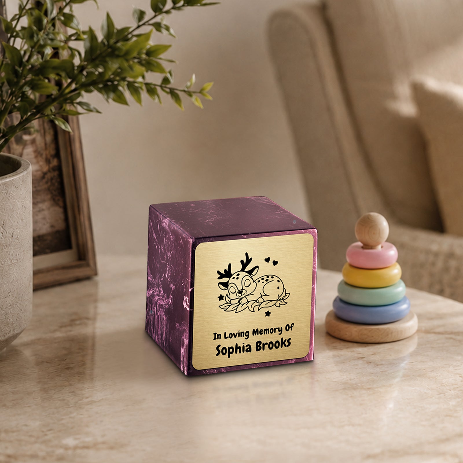 Small Cube Baby Deer Merlot Cultured Marble Child Cremation Urn by MacKenzie