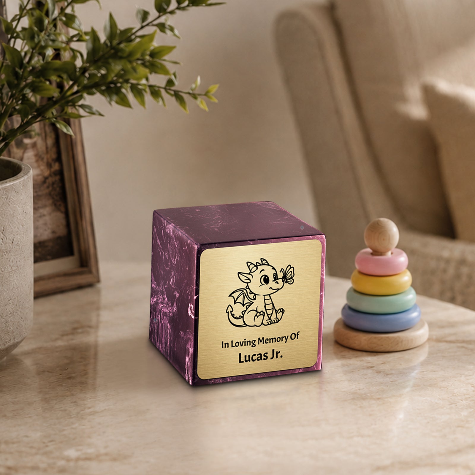 Small Cube Baby Dragon Merlot Cultured Marble Child Cremation Urn by MacKenzie