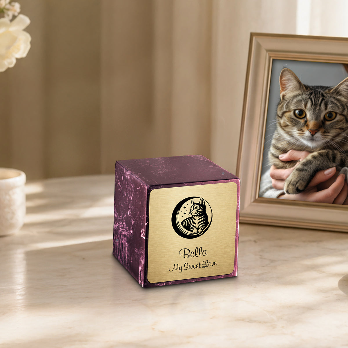 Small Cube Cat Merlot Cultured Marble Pet Cremation Urn by MacKenzie