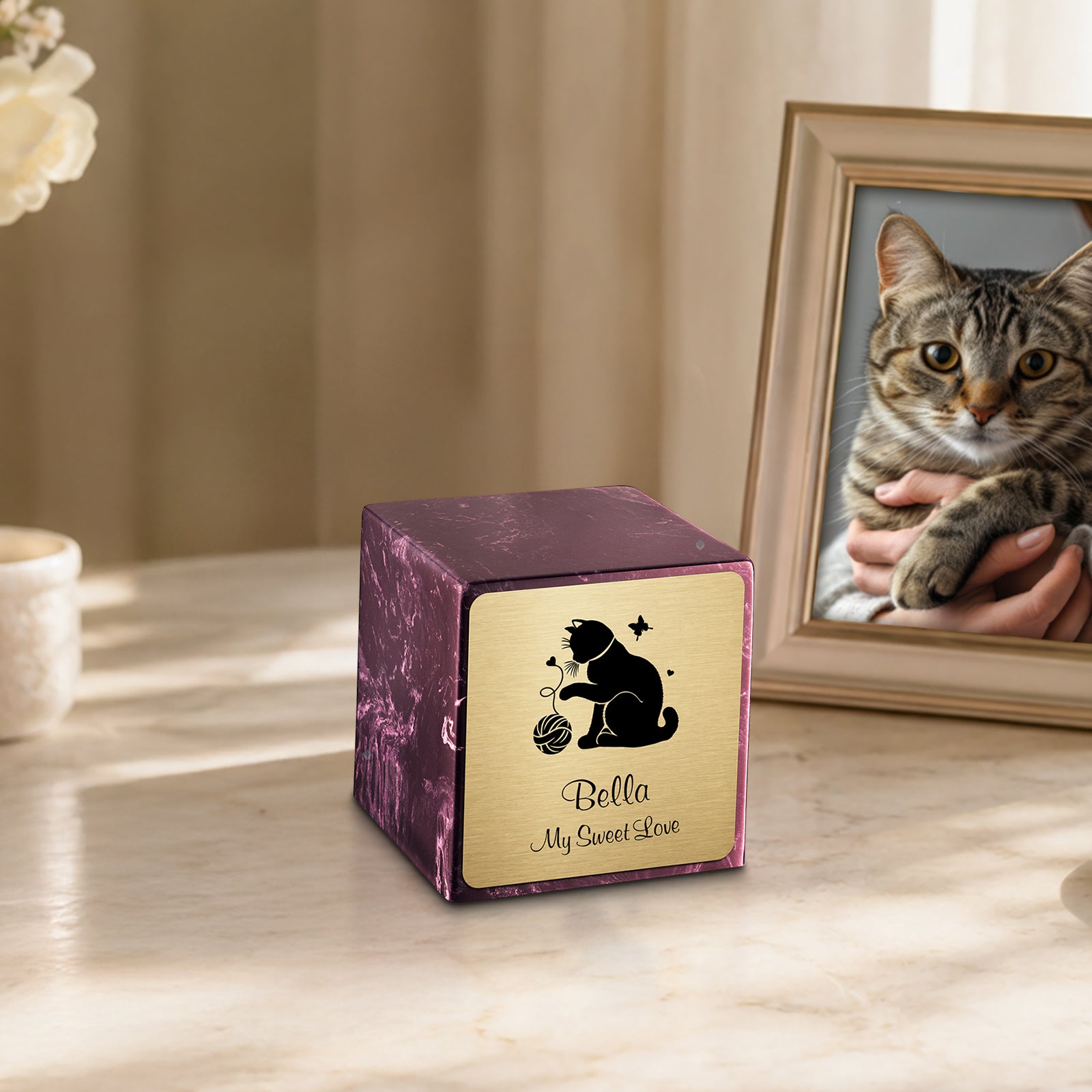 Small Cube Fun Cat Merlot Cultured Marble Pet Cremation Urn by MacKenzie