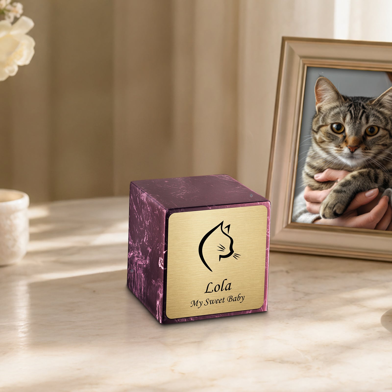Small Cube Cat Head Merlot Cultured Marble Pet Cremation Urn by MacKenzie