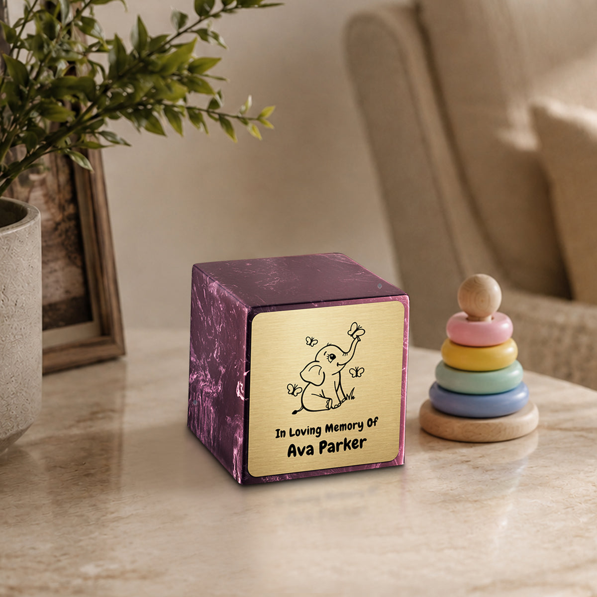Small Cube Baby Elephant Merlot Cultured Marble Child Cremation Urn by MacKenzie