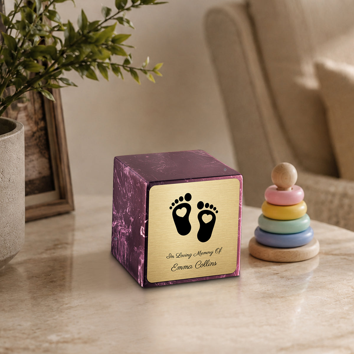 Small Cube Loving Heart Feet Merlot Cultured Marble Child Cremation Urn by MacKenzie