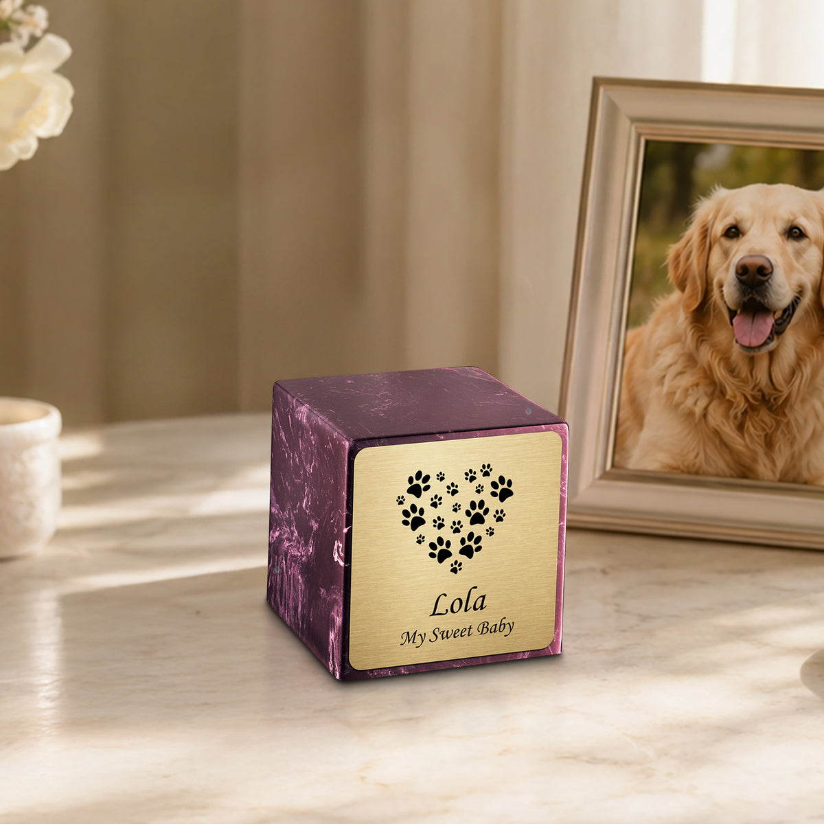 Small Cube Heart Paw Merlot Cultured Marble Pet Cremation Urn by MacKenzie