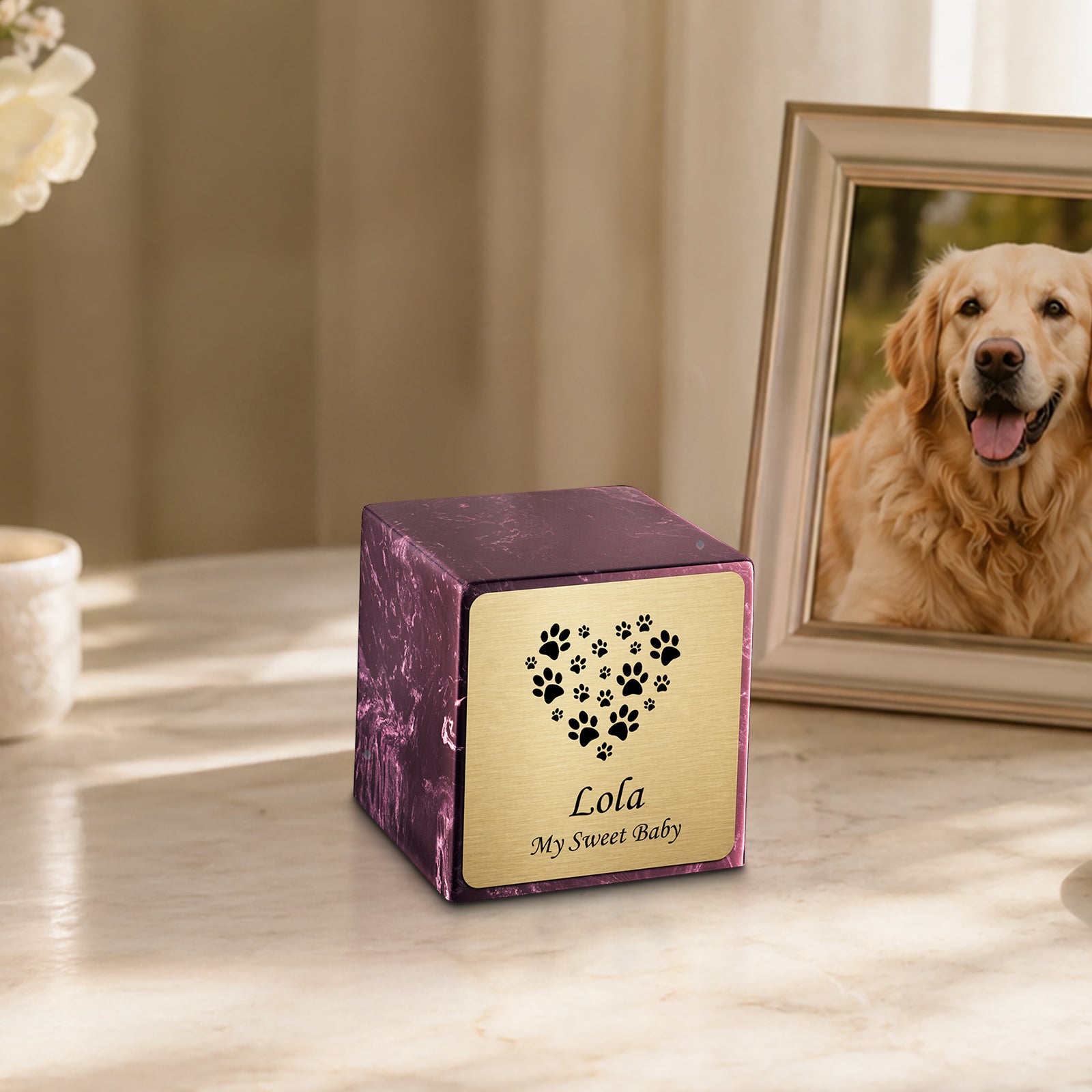 Small Cube Heart Paw Merlot Cultured Marble Pet Cremation Urn by MacKenzie