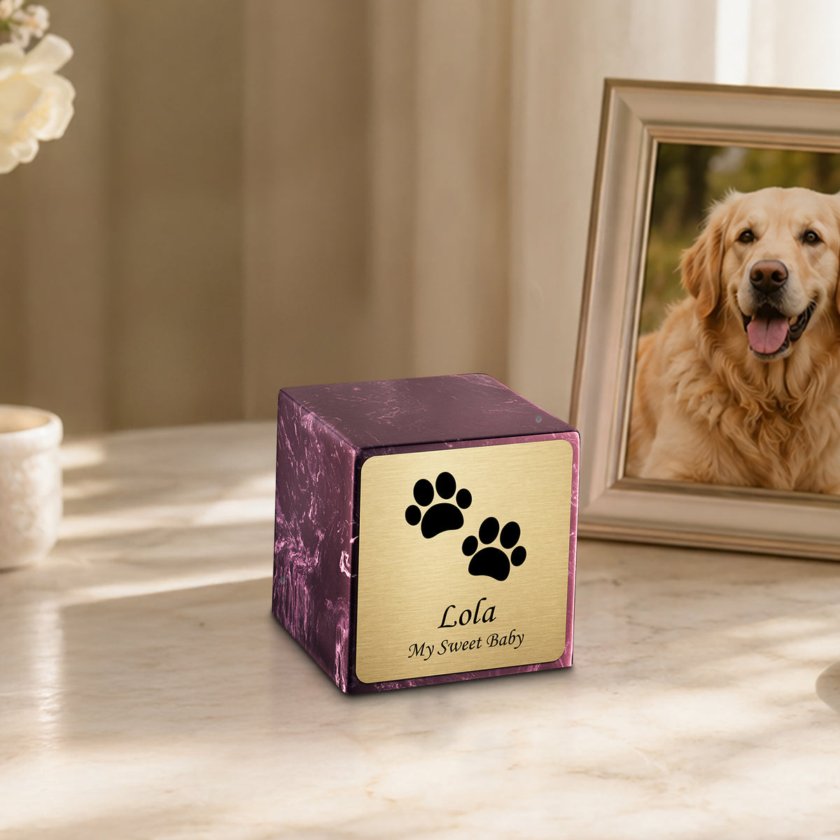 Small Cube Walking Paws Merlot Cultured Marble Pet Cremation Urn by MacKenzie