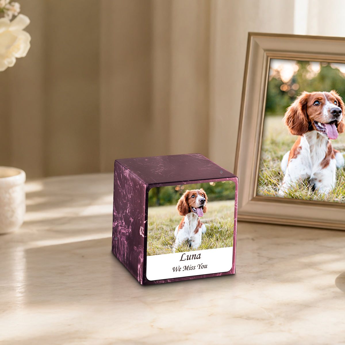 Small Cube Custom Pet Photo Merlot Cultured Marble Pet Cremation Urn by MacKenzie