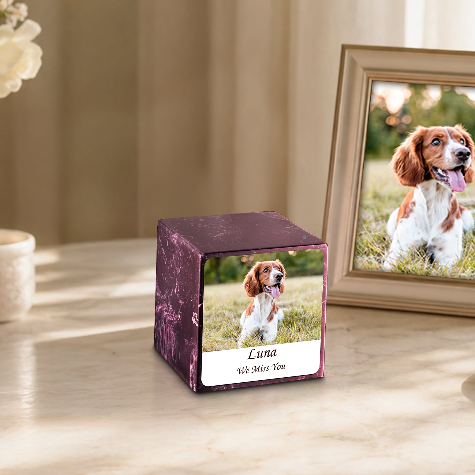 Small Cube Custom Pet Photo Merlot Cultured Marble Pet Cremation Urn by MacKenzie