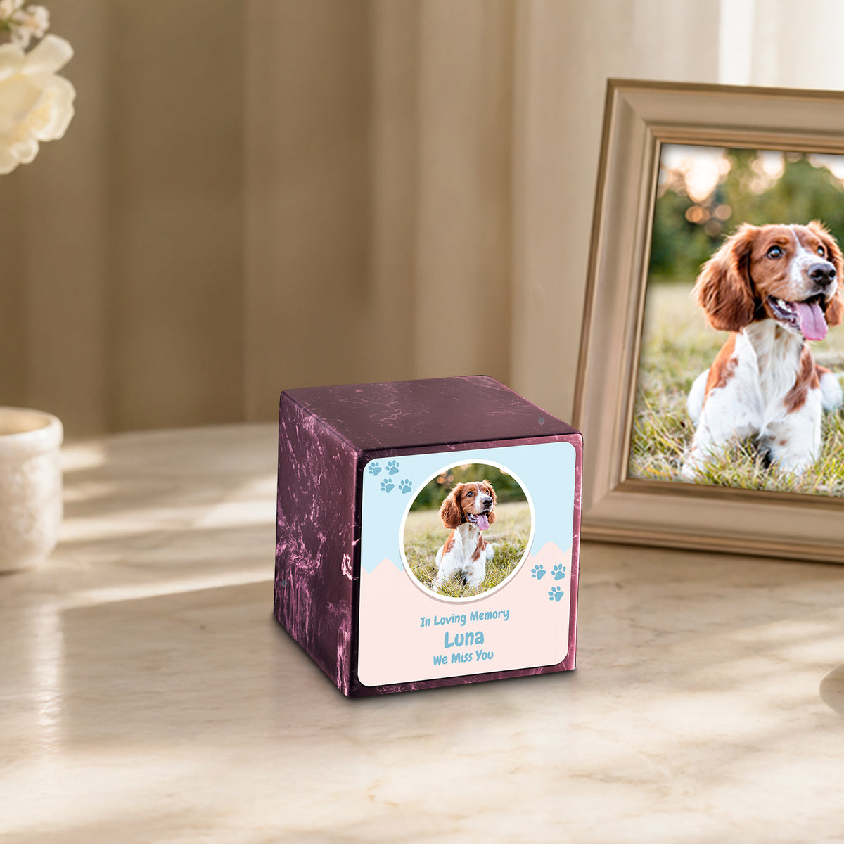 Small Cube Pet Portrait Merlot Cultured Marble Pet Cremation Urn by MacKenzie