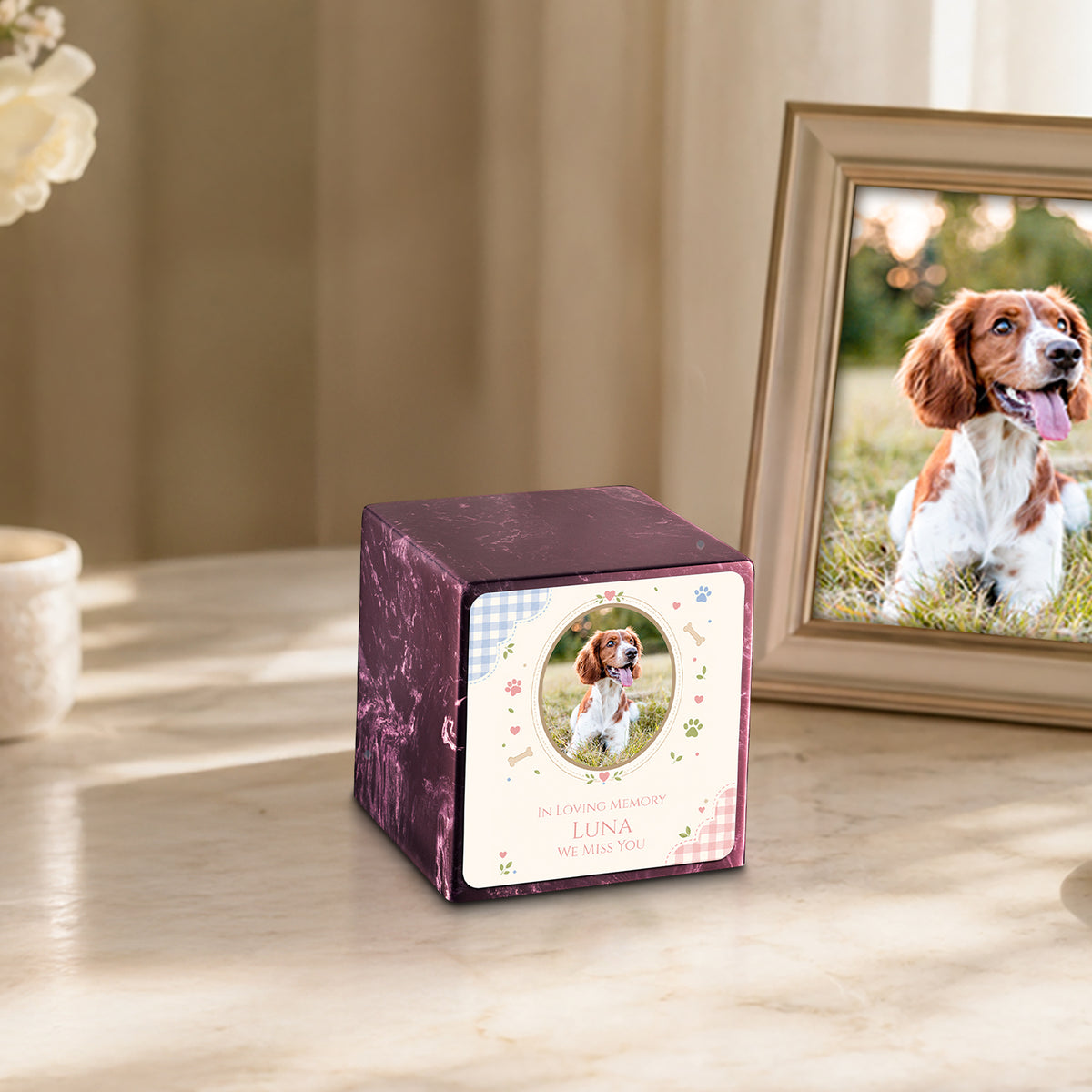 Small Cube Custom Pet Memorial Merlot Cultured Marble Pet Cremation Urn by MacKenzie