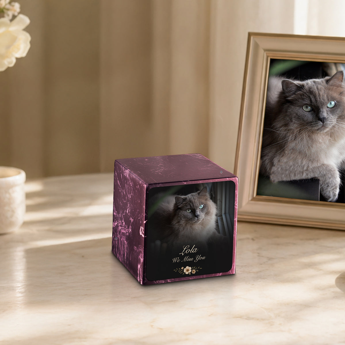 Small Cube Pet Portrait Photo Merlot Cultured Marble Pet Cremation Urn by MacKenzie