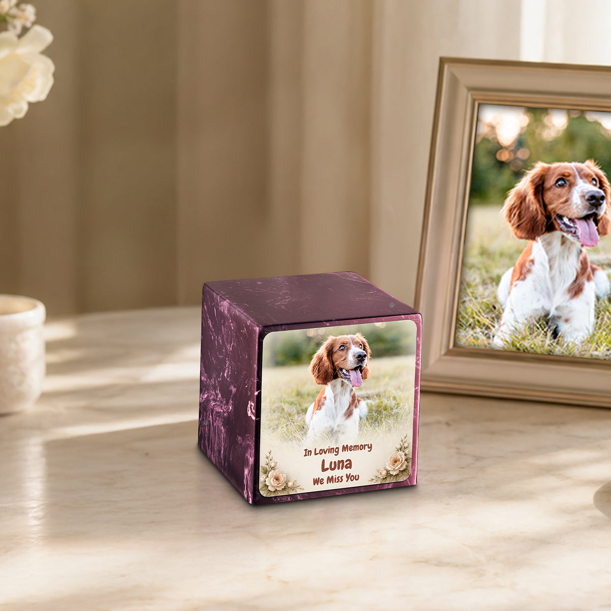 Small Cube Personalized Pet Photo Merlot Cultured Marble Pet Cremation Urn by MacKenzie