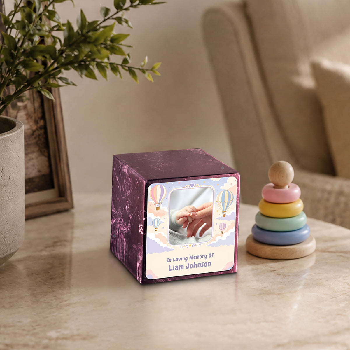 Small Cube Hot Air Balloons Merlot Cultured Marble Child Cremation Urn by MacKenzie
