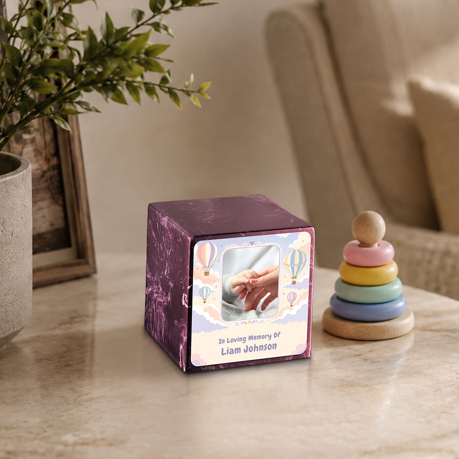 Small Cube Hot Air Balloons Merlot Cultured Marble Child Cremation Urn by MacKenzie