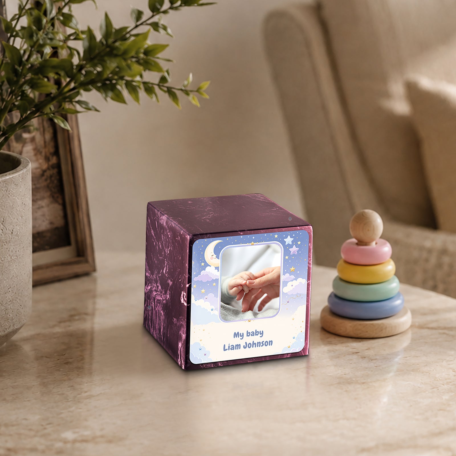 Small Cube Moon and Stars Merlot Cultured Marble Child Cremation Urn by MacKenzie