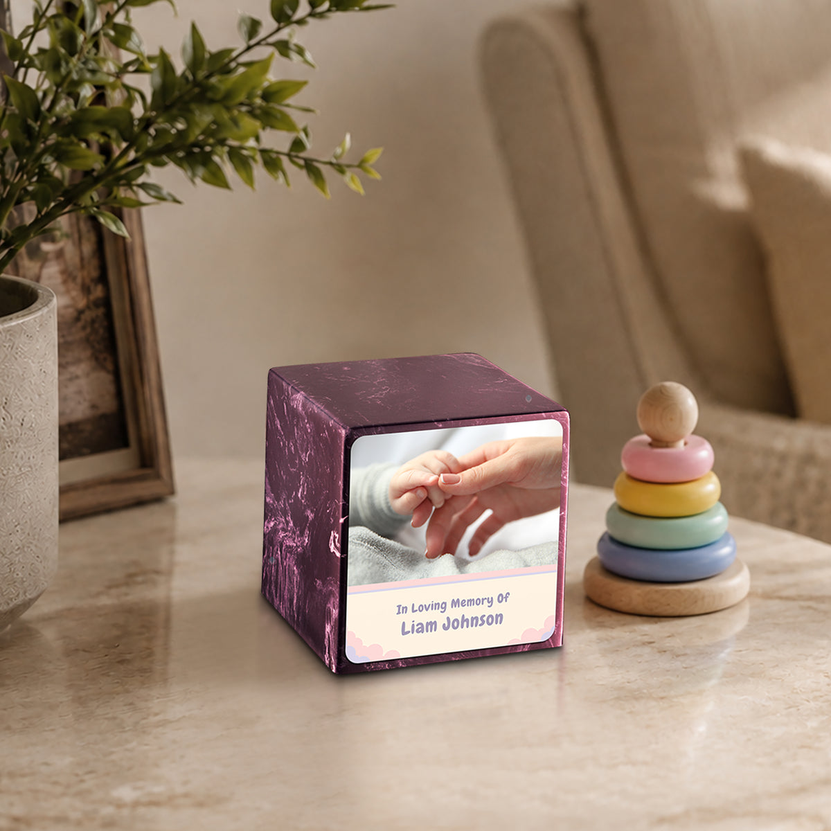 Small Cube Classic Photo Merlot Cultured Marble Child Cremation Urn by MacKenzie