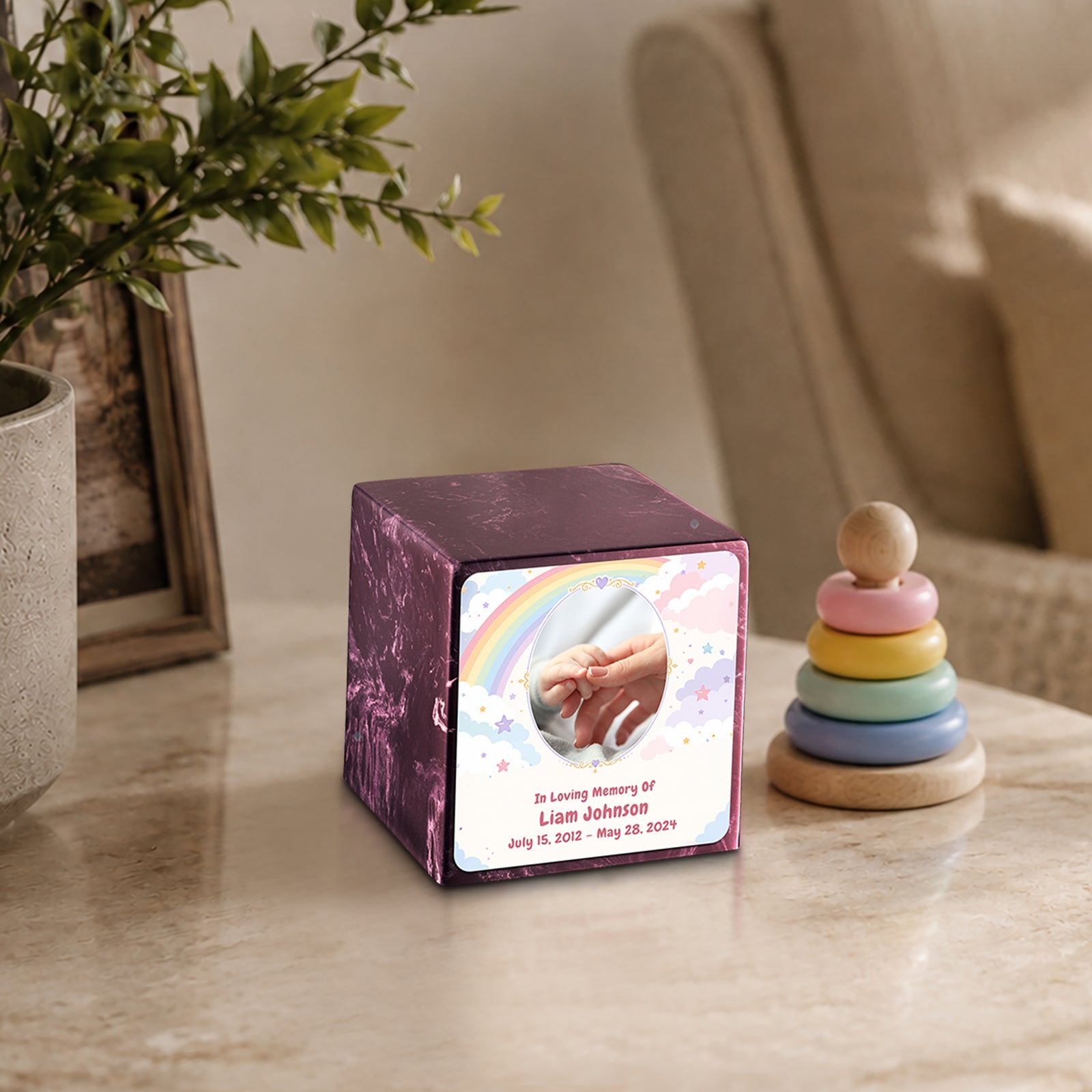 Small Cube Rainbow and Clouds Merlot Cultured Marble Child Cremation Urn by MacKenzie