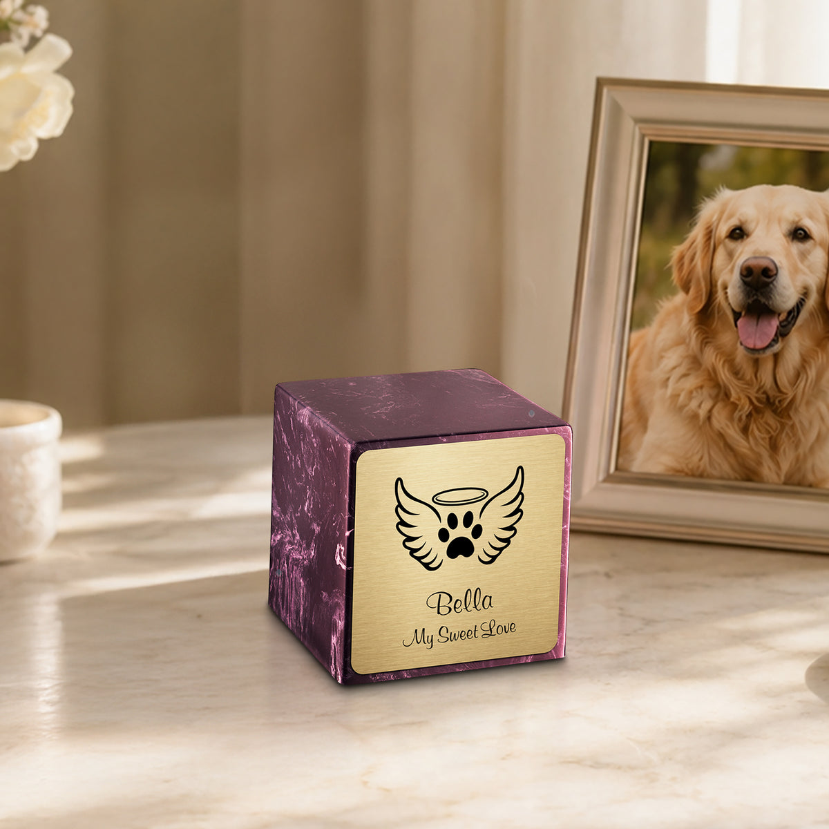 Small Cube Angel Wings Merlot Cultured Marble Pet Cremation Urn by MacKenzie