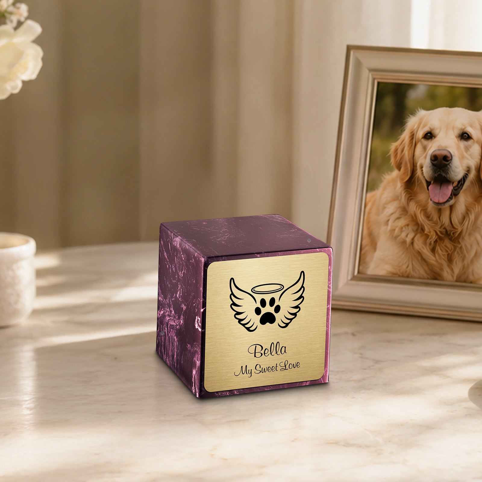Small Cube Angel Wings Merlot Cultured Marble Pet Cremation Urn by MacKenzie