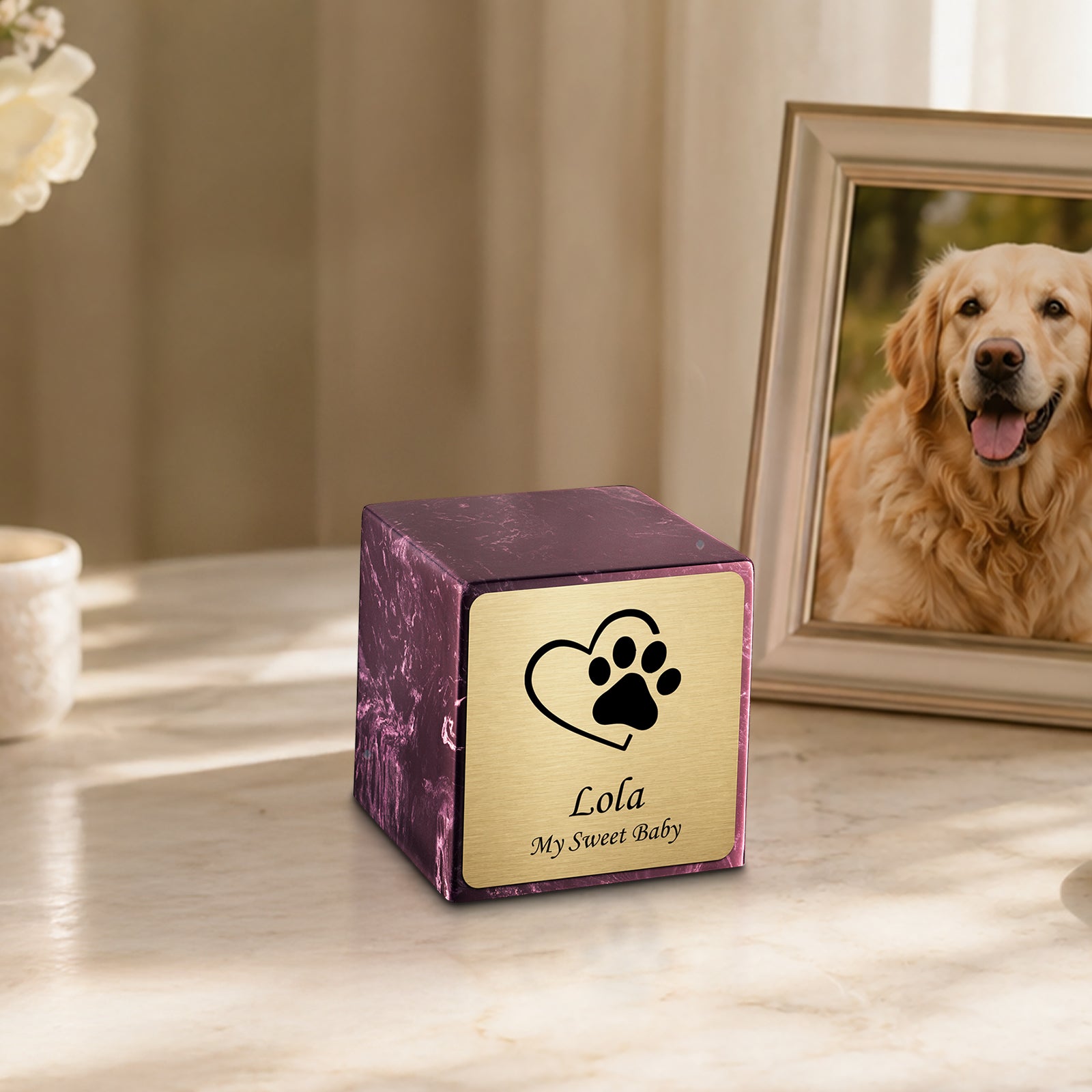 Small Cube Single Heart Paw Merlot Cultured Marble Pet Cremation Urn by MacKenzie