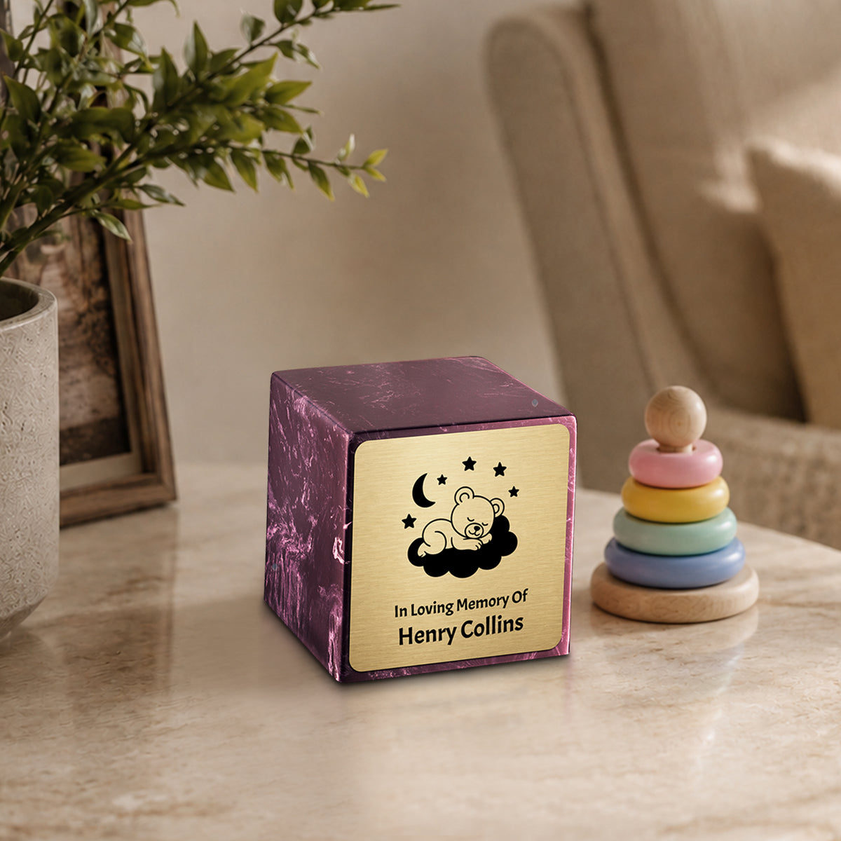 Small Cube Sleeping Teddy Merlot Cultured Marble Child Cremation Urn by MacKenzie
