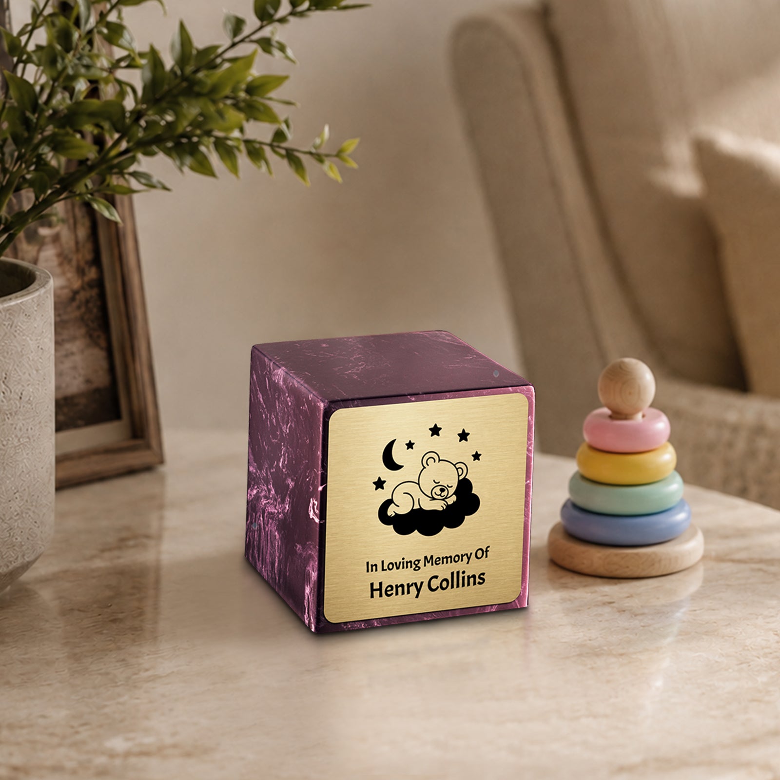 Small Cube Sleeping Teddy Merlot Cultured Marble Child Cremation Urn by MacKenzie
