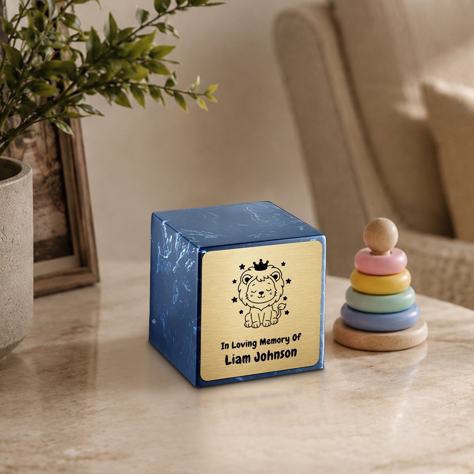 Small Cube Baby Lion Navy Cultured Marble Child Cremation Urn by MacKenzie