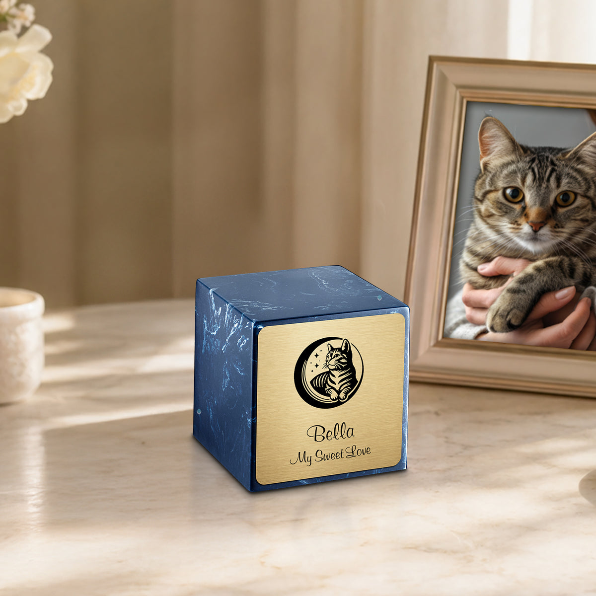 Small Cube Cat Navy Cultured Marble Pet Cremation Urn by MacKenzie
