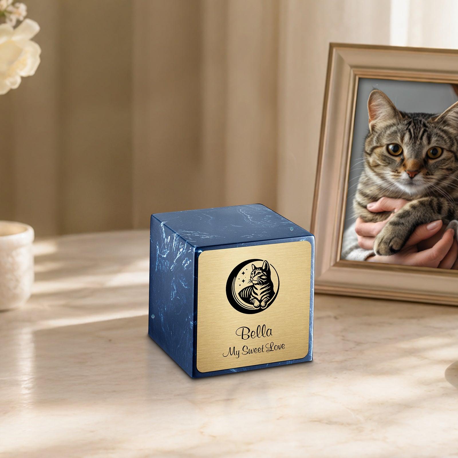 Small Cube Cat Navy Cultured Marble Pet Cremation Urn by MacKenzie