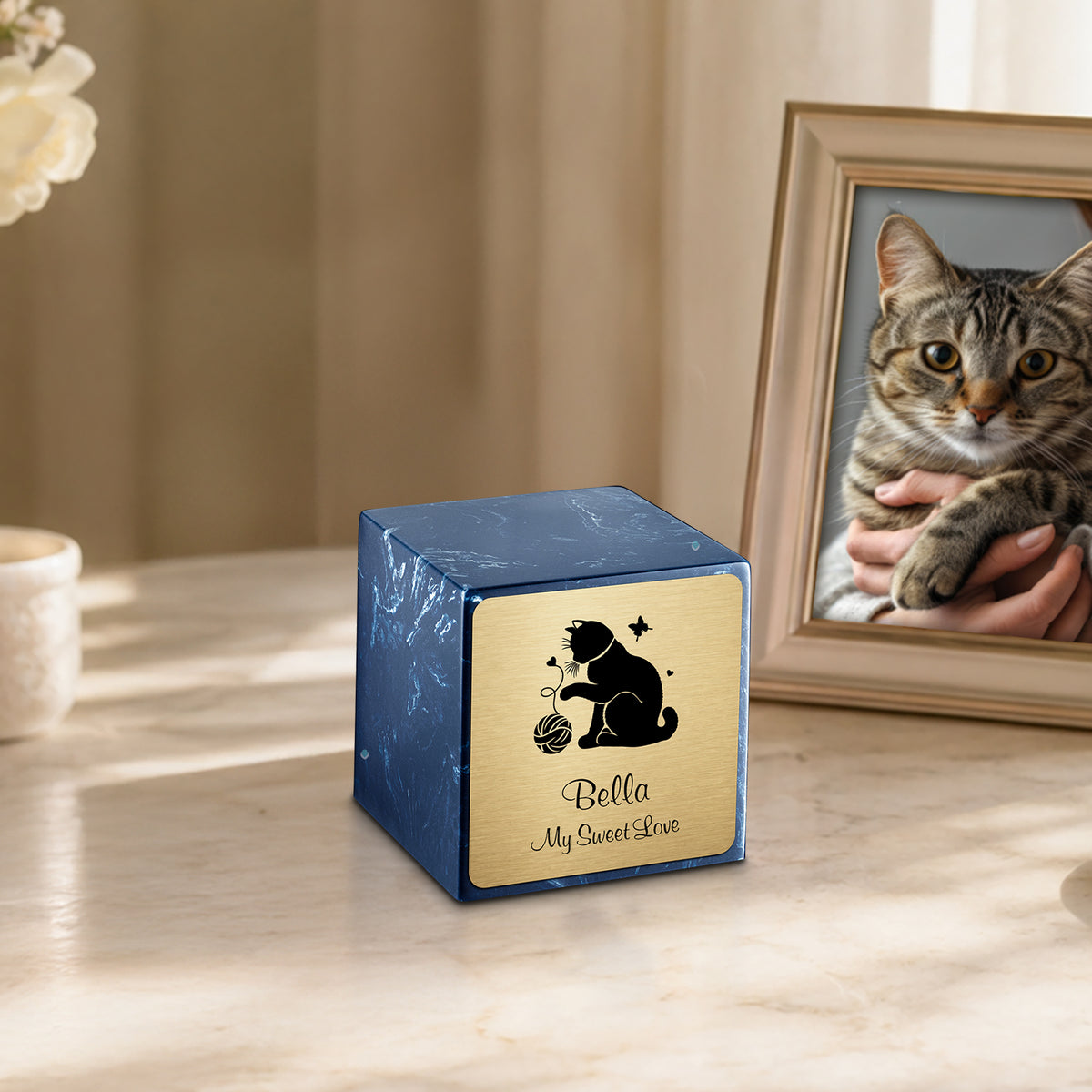 Small Cube Fun Cat Navy Cultured Marble Pet Cremation Urn by MacKenzie