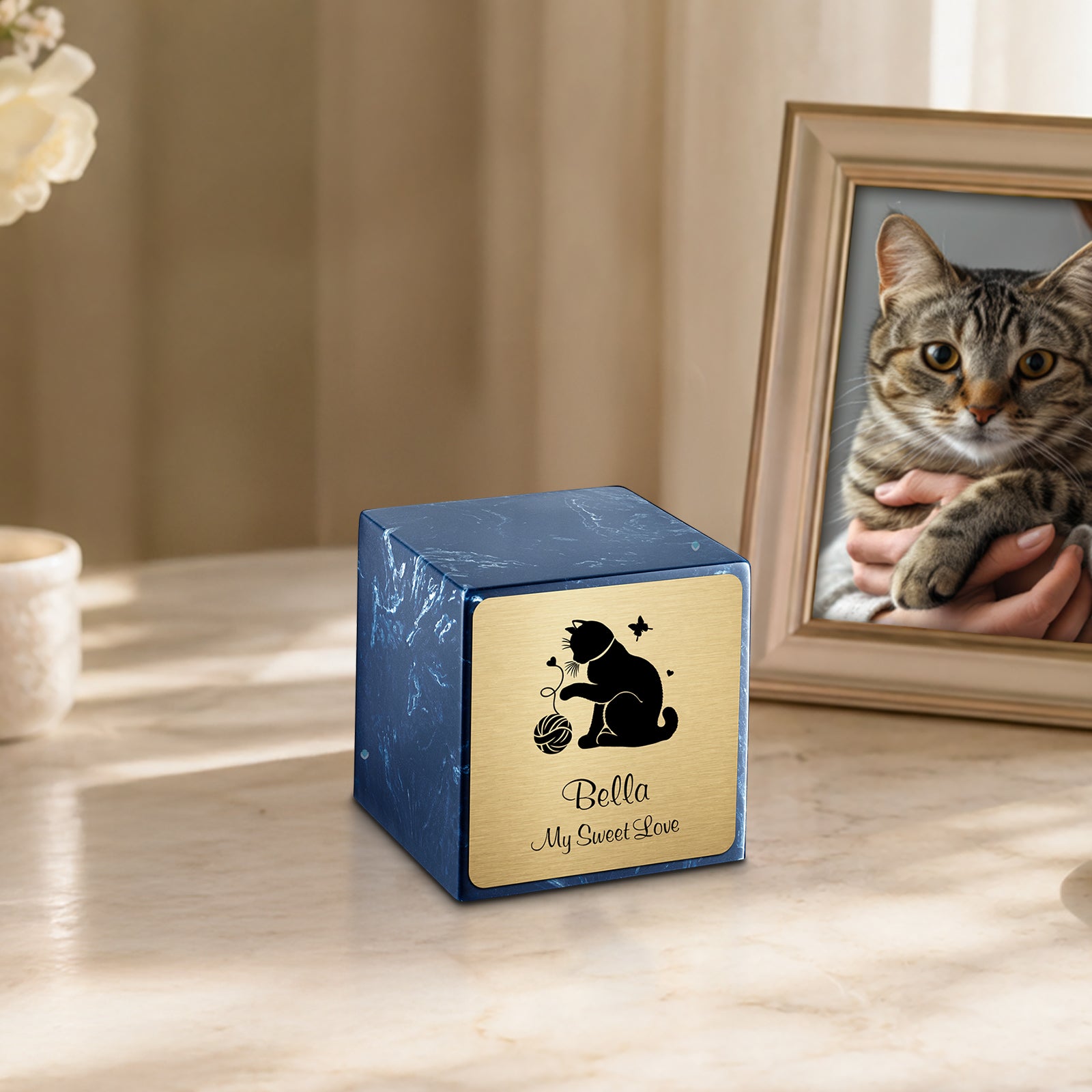 Small Cube Fun Cat Navy Cultured Marble Pet Cremation Urn by MacKenzie