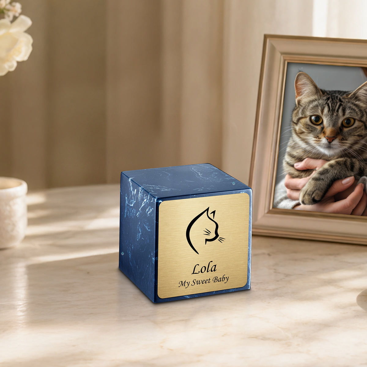 Small Cube Cat Head Navy Cultured Marble Pet Cremation Urn by MacKenzie