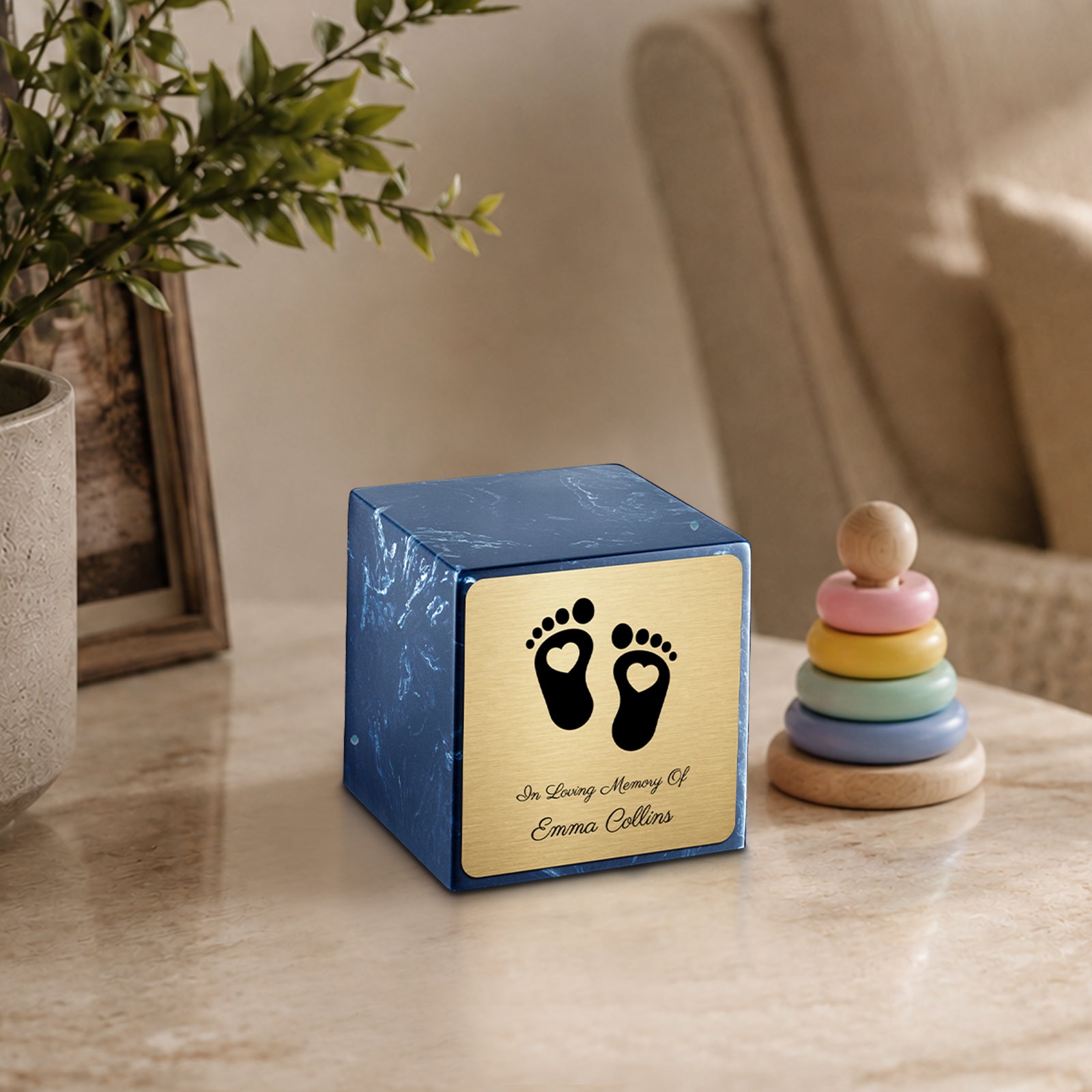 Small Cube Loving Heart Feet Navy Cultured Marble Child Cremation Urn by MacKenzie
