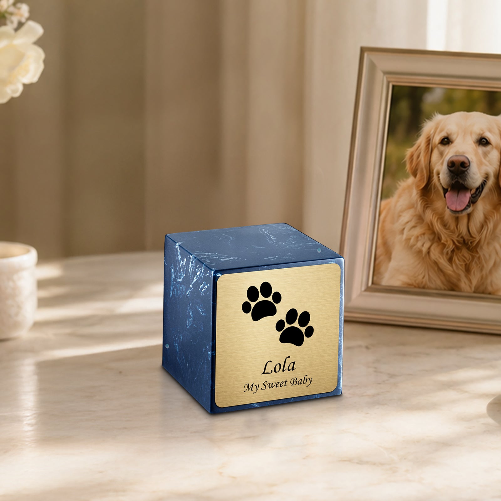 Small Cube Walking Paws Navy Cultured Marble Pet Cremation Urn by MacKenzie
