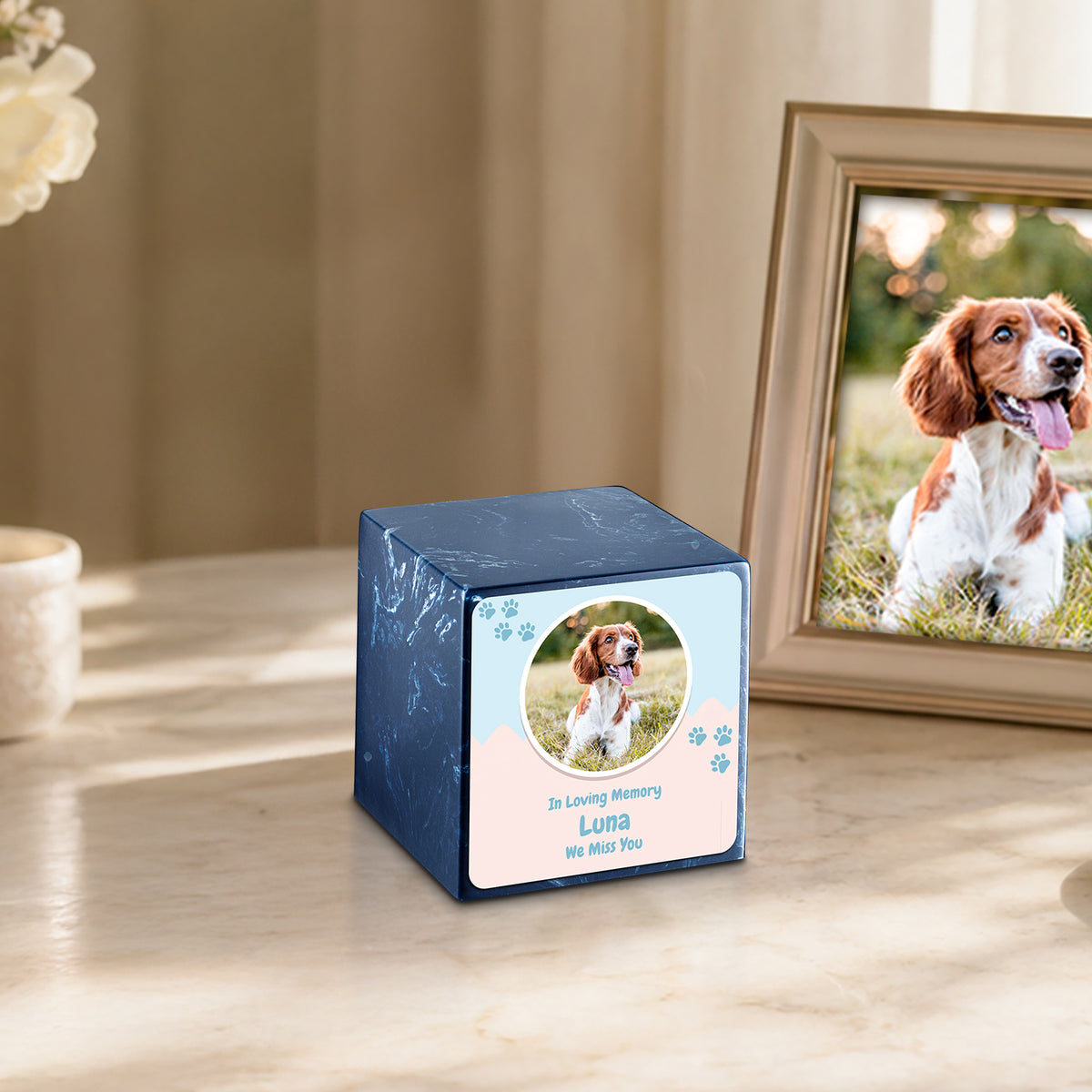 Small Cube Pet Portrait Navy Cultured Marble Pet Cremation Urn by MacKenzie