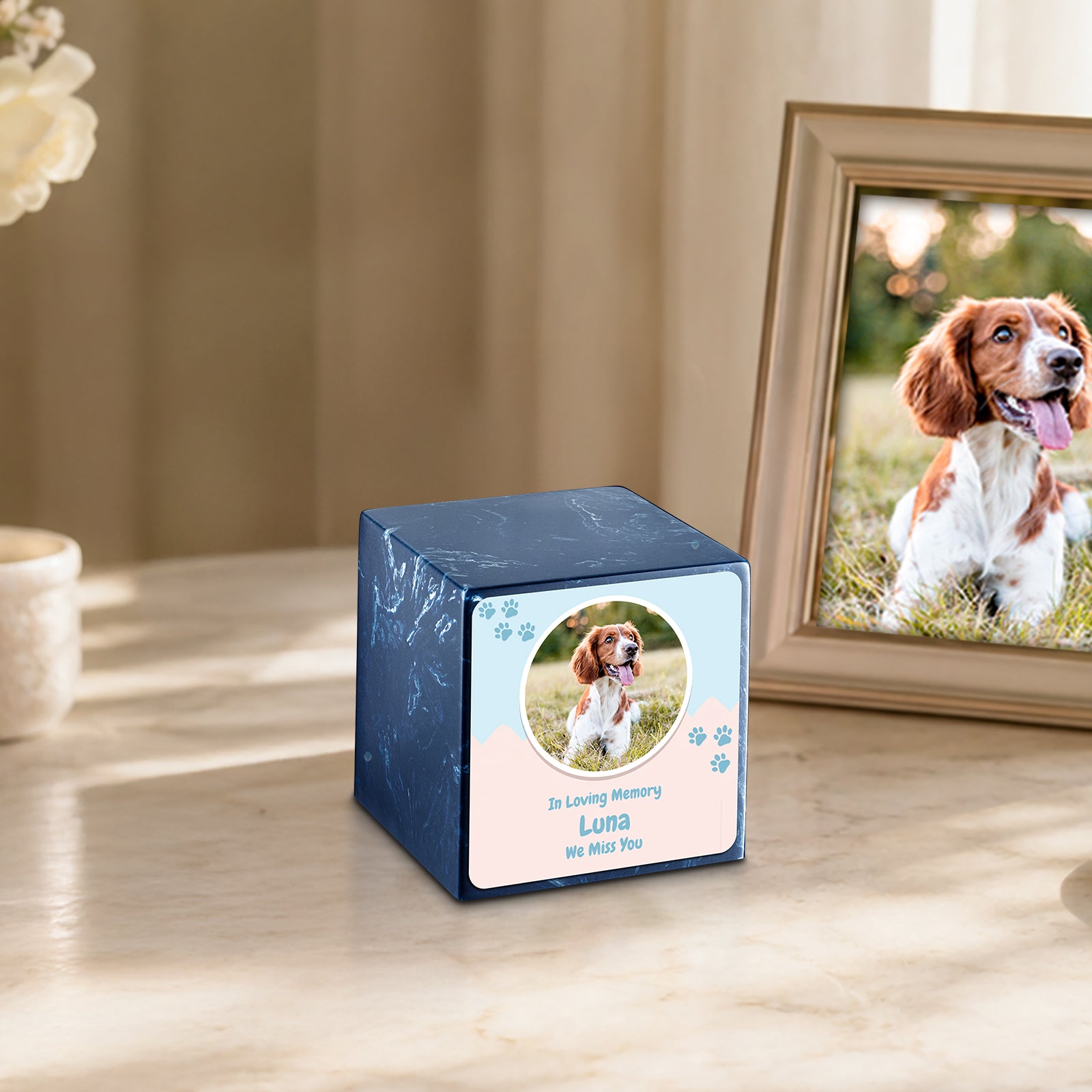 Small Cube Pet Portrait Navy Cultured Marble Pet Cremation Urn by MacKenzie