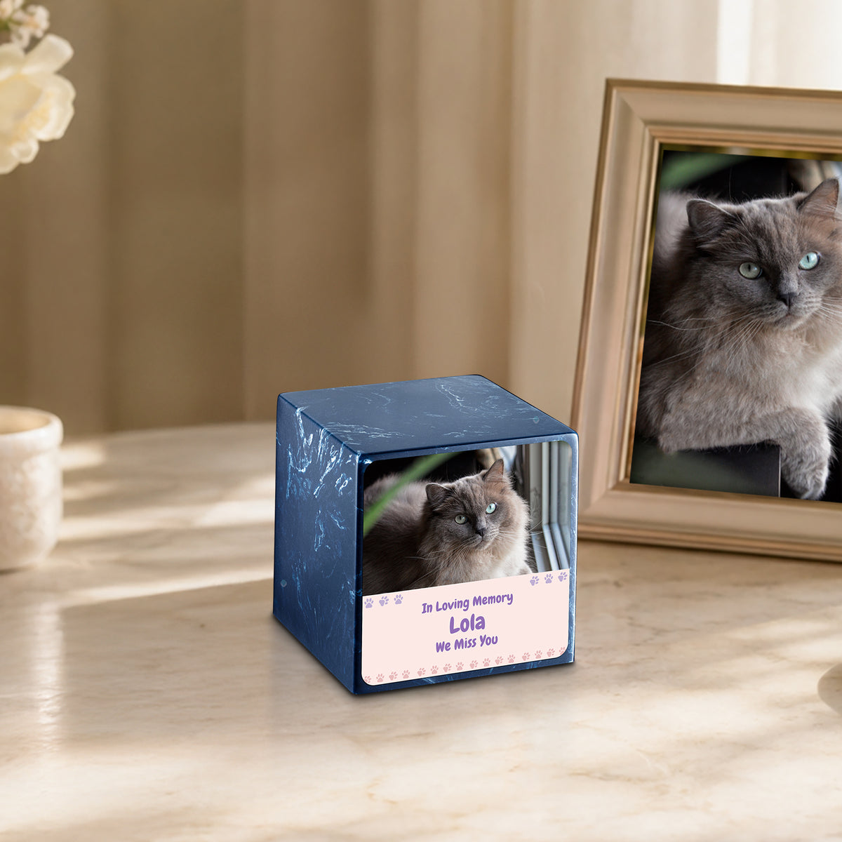 Small Cube Pet Photo Memorial Navy Cultured Marble Pet Cremation Urn by MacKenzie