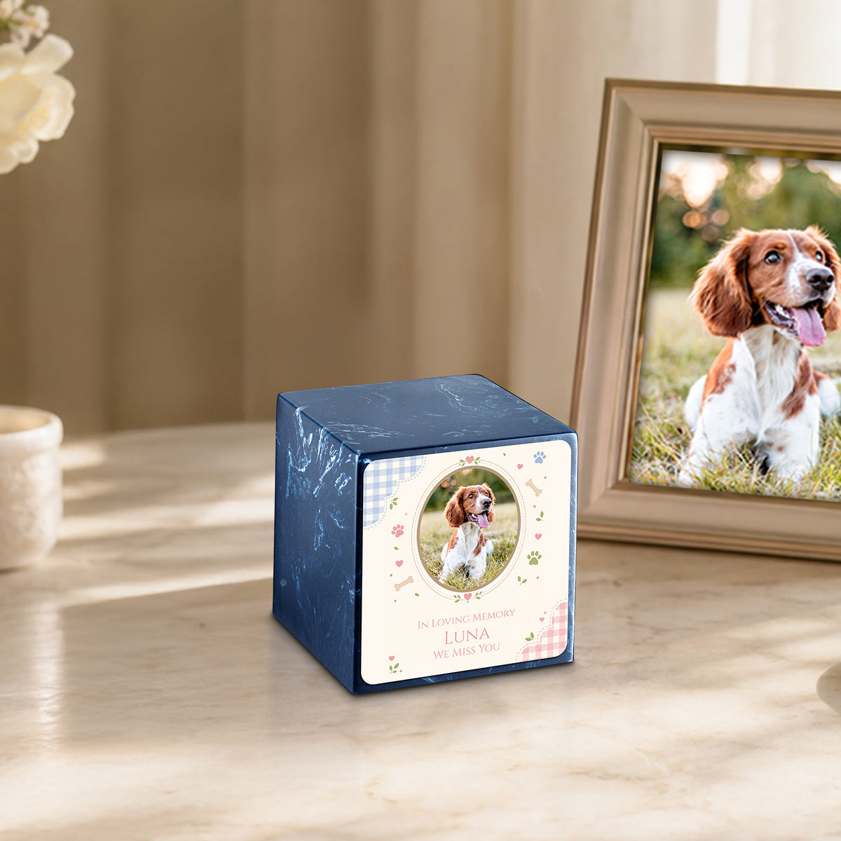 Small Cube Custom Pet Memorial Navy Cultured Marble Pet Cremation Urn by MacKenzie