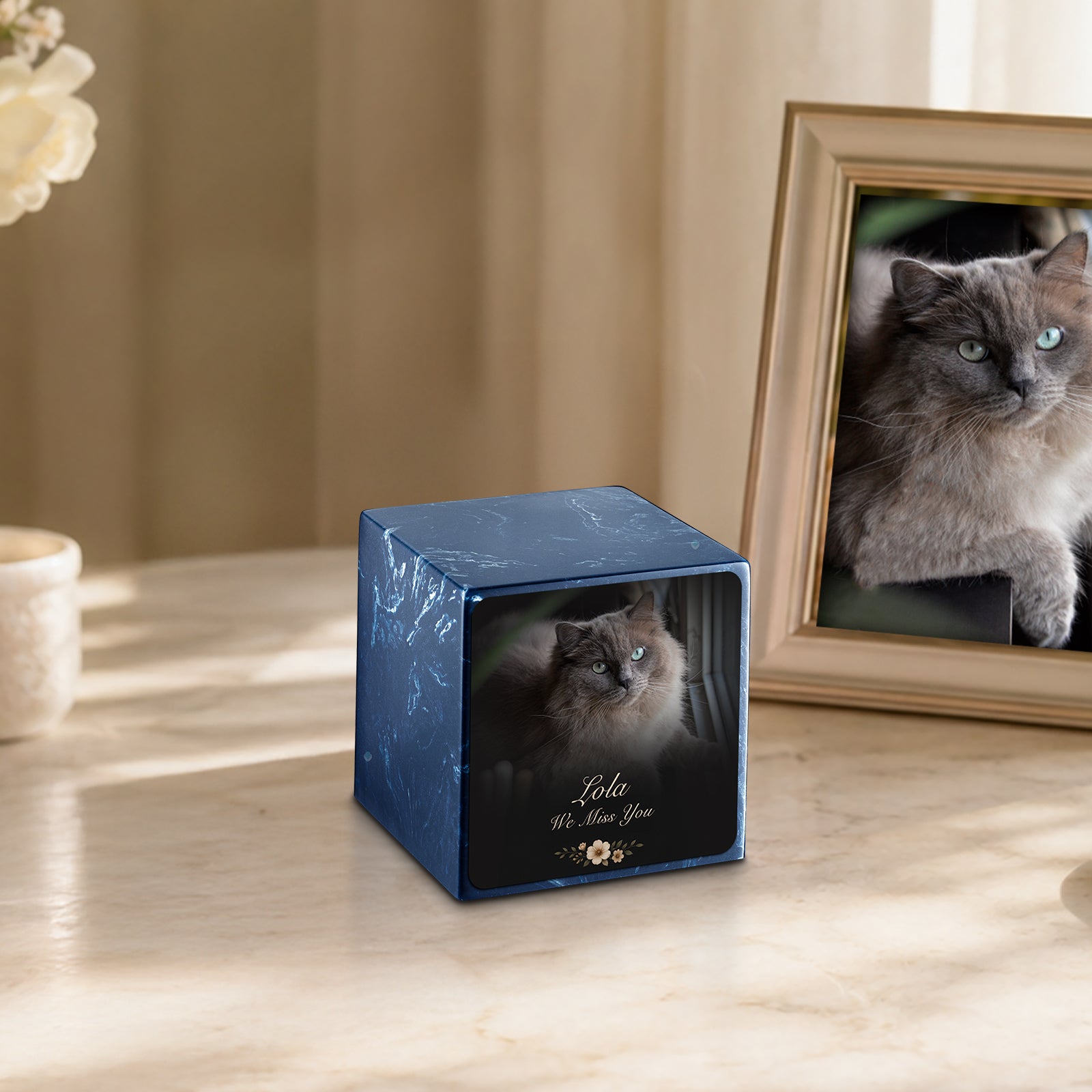 Small Cube Pet Portrait Photo Navy Cultured Marble Pet Cremation Urn by MacKenzie