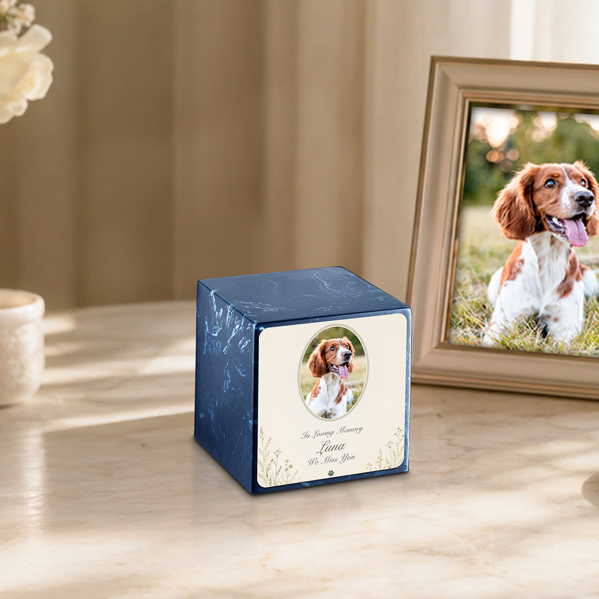 Small Cube Pet Portrait Tribute Navy Cultured Marble Pet Cremation Urn by MacKenzie