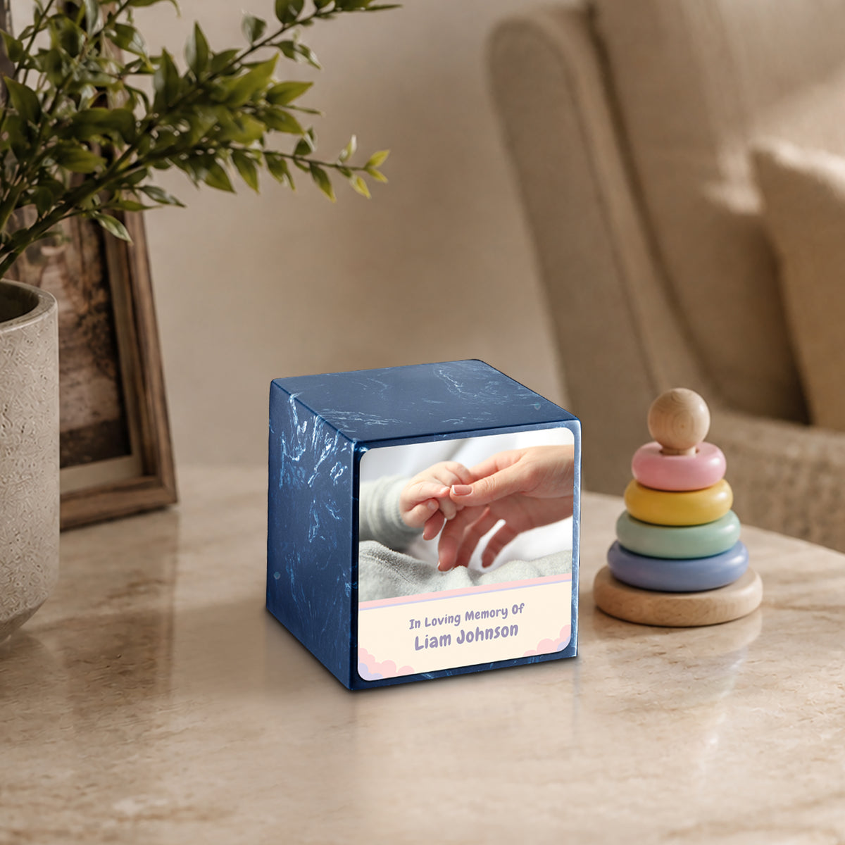 Small Cube Classic Photo Navy Cultured Marble Child Cremation Urn by MacKenzie