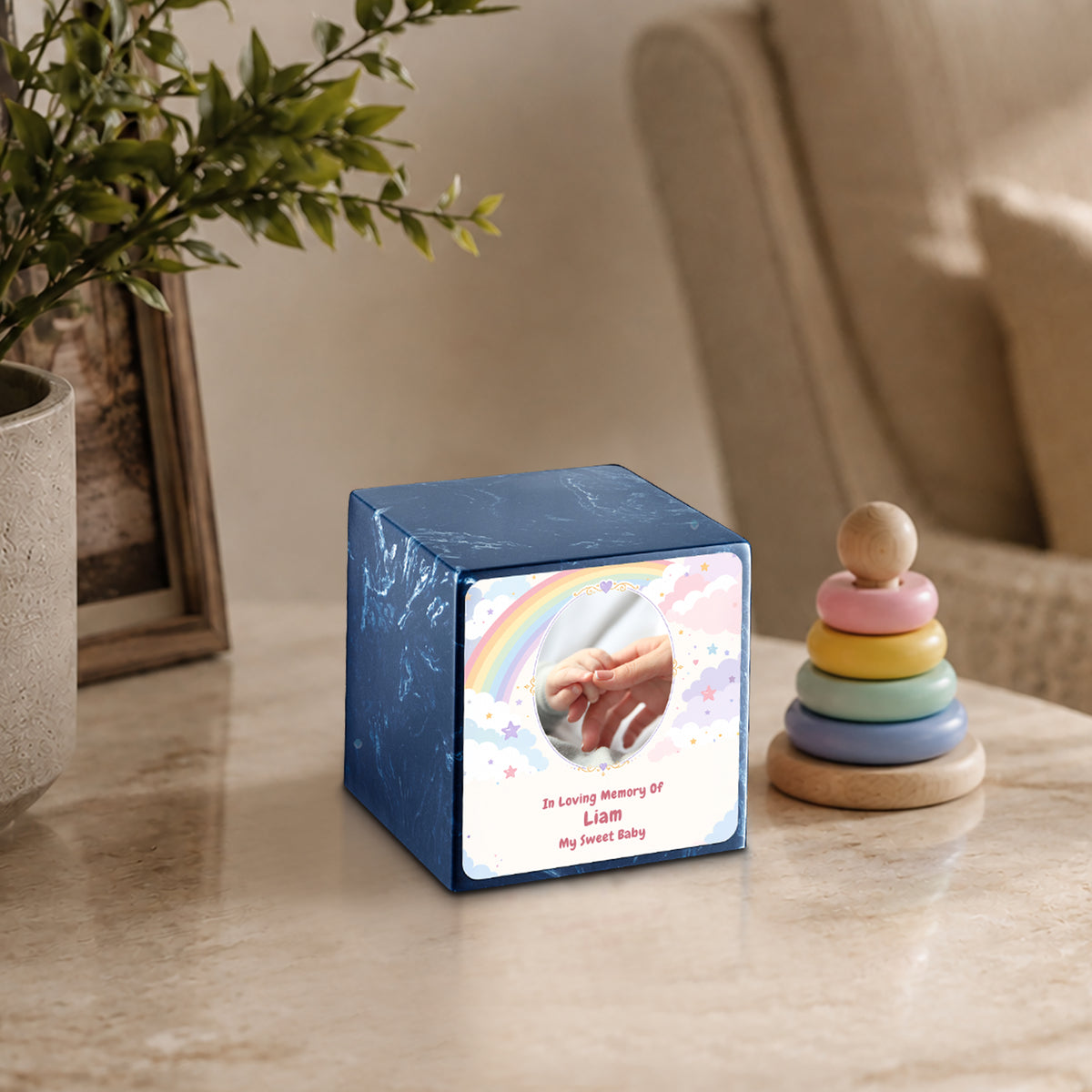 Small Cube Rainbow and Clouds Navy Cultured Marble Child Cremation Urn by MacKenzie