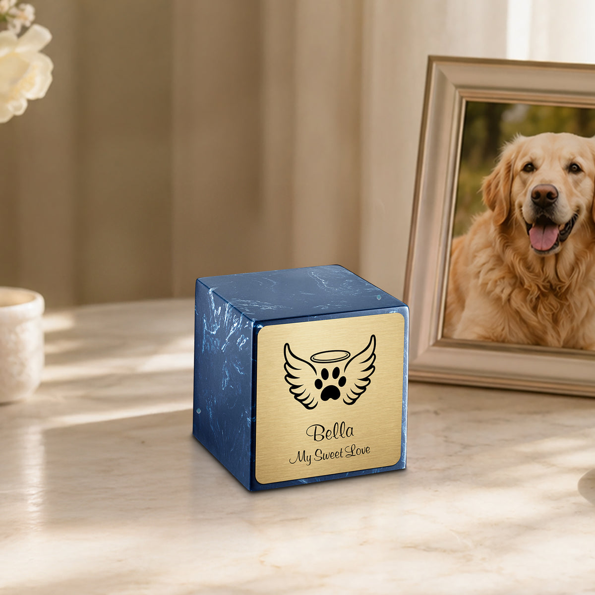 Small Cube Angel Wings Navy Cultured Marble Pet Cremation Urn by MacKenzie