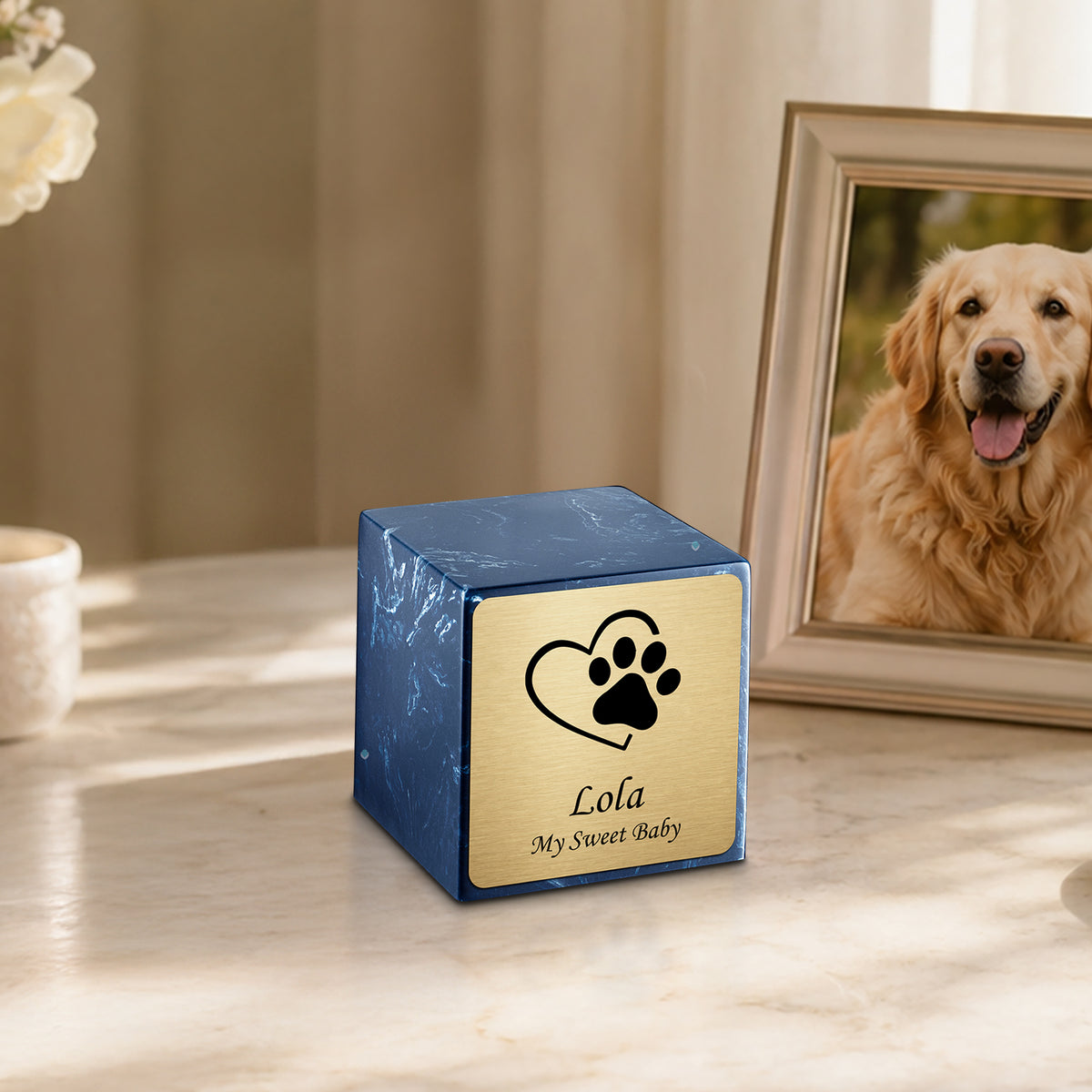 Small Cube Single Heart Paw Navy Cultured Marble Pet Cremation Urn by MacKenzie