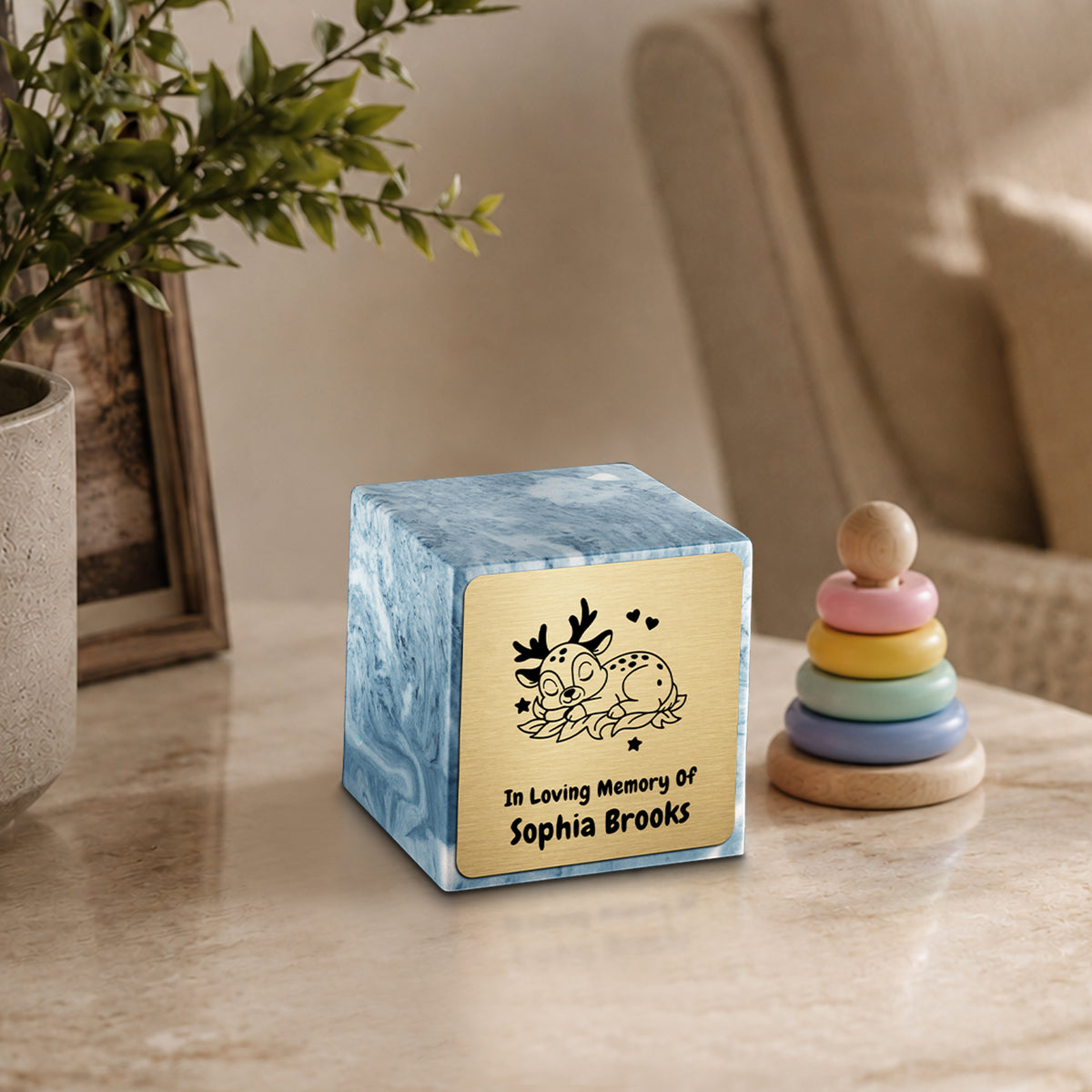 Small Cube Baby Deer Sky Blue Cultured Marble Child Cremation Urn by MacKenzie