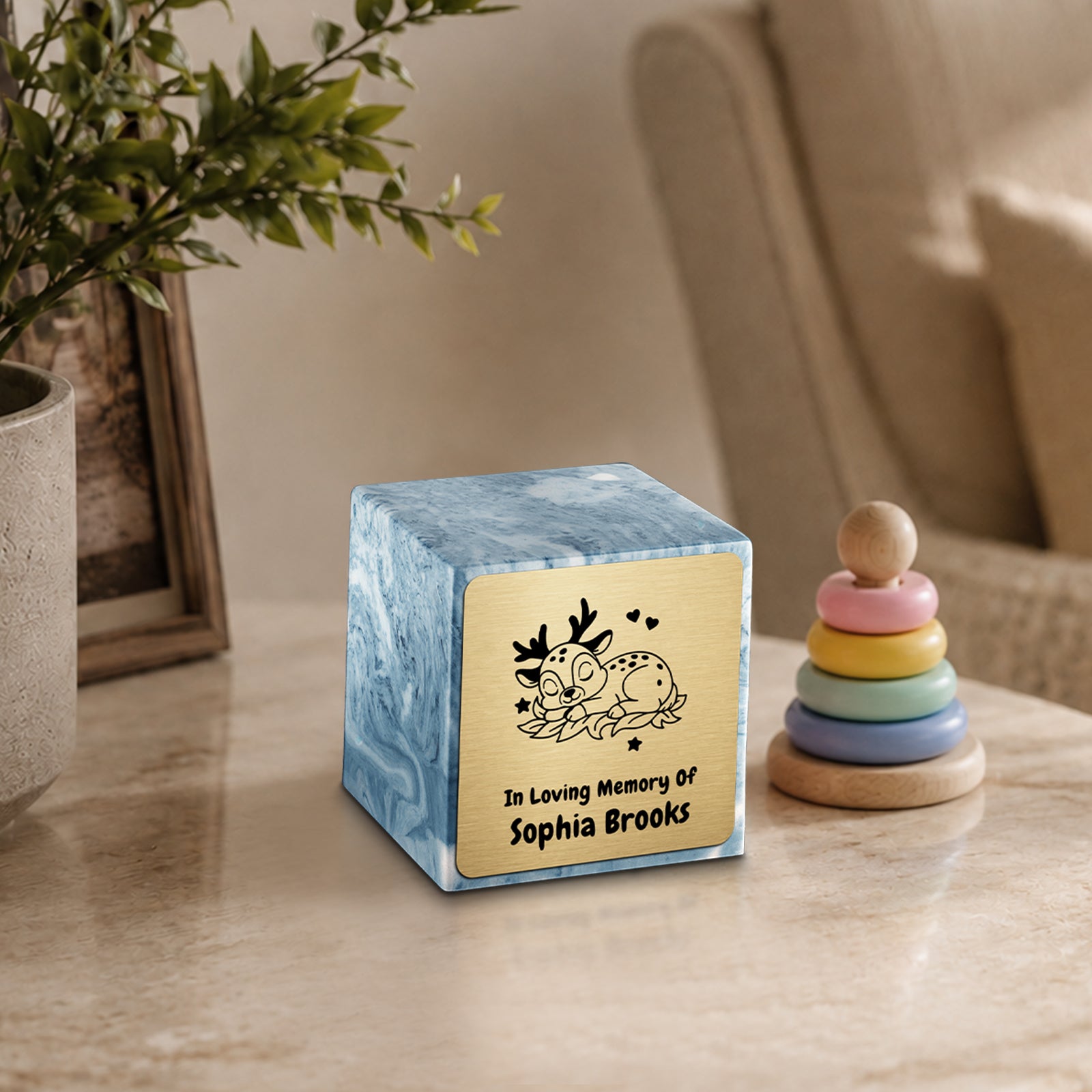 Small Cube Baby Deer Sky Blue Cultured Marble Child Cremation Urn by MacKenzie