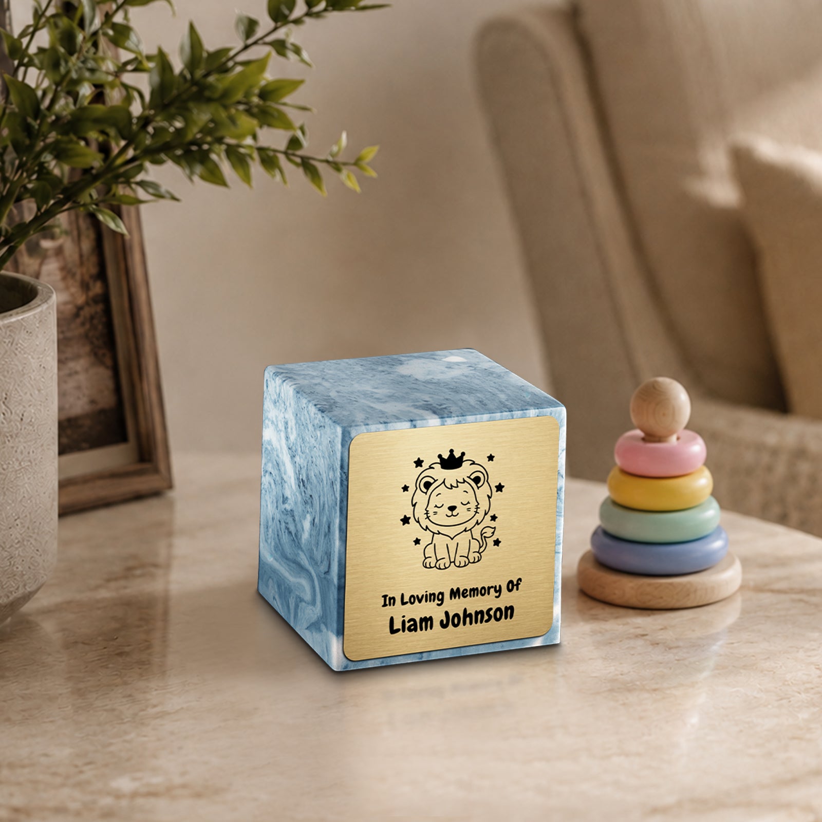 Small Cube Baby Lion Sky Blue Cultured Marble Child Cremation Urn by MacKenzie