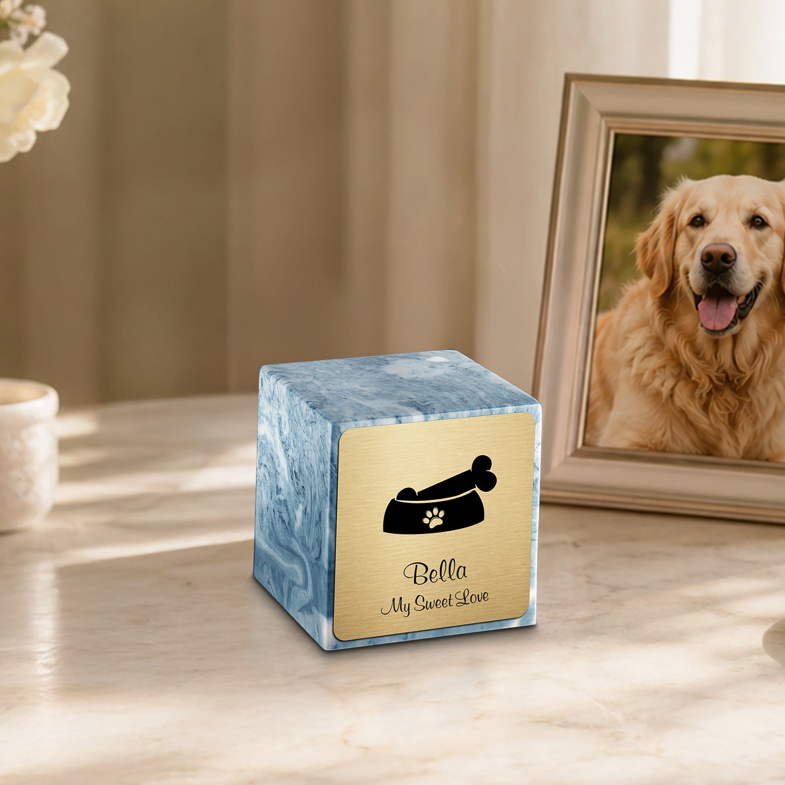 Small Cube Dog Bone Sky Blue Cultured Marble Pet Cremation Urn by MacKenzie